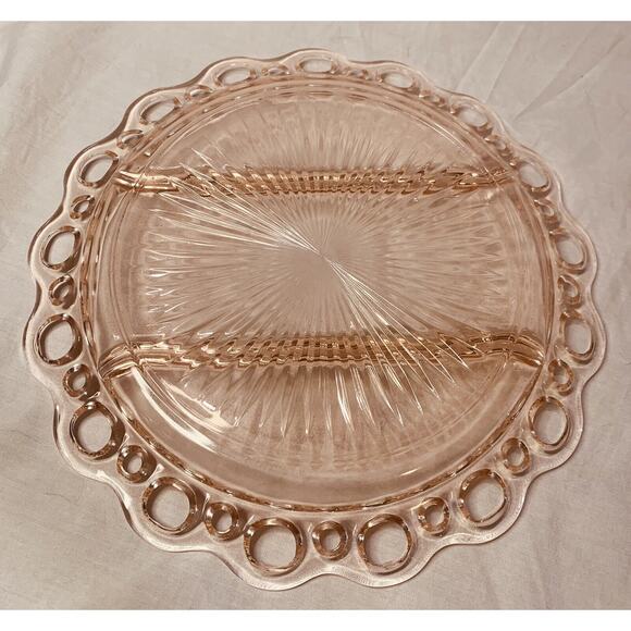Anchor Hocking Pink Depression Glass Plate 10.5" Old Colony Lace Edge Relish - Picture 2 of 7